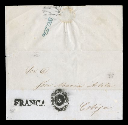 SaltaFranca sunburst oval handstamp, very rare example of this illustrated pre-stamp marking on 1855 entire folded letter to Cobija, Bolivia, matching Franca straight line
handstamp at left, blue Potosi straight line handstamp transit on t