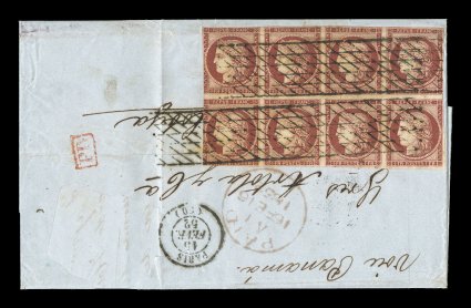 9, 1849 1Fr Dark carmine on yellowish, impressive block of eight (4x2), tied to 1852 entire folded letter to Cobija, Bolivia, margins are clear to mostly cut along frames and
two light file folds affect all eight stamps though not apparent f