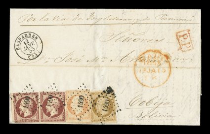 1855-75 France inbound to Bolivia postal history collection, assemblage of sixteen covers mounted and written up on pages showing an interesting range of usages to Bolivia,
eleven covers are franked with various issues of stamps from the imperfor