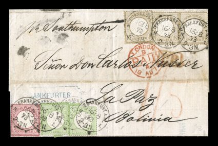 11, 21, 23, 1872 18kr Bister Small Shield pair and single in mixed franking along with Large Shield 1kr Yellow green (2x) and 3kr Rose, all tied to 1873 folded cover to La
Paz, Bolivia by Frankfurt a. M.16 8 73 c.d.s., carried by British packe
