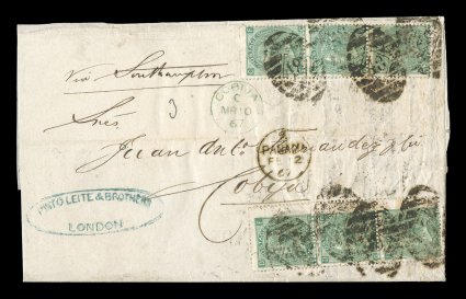 1865 1- Green, plate 4, two vertical strips of three being rather strongly centered into bottom and one strip having a wing margin at right, an impressive franking paying
triple the 2- rate by British packet to Bolivia, all tied by numeral 48