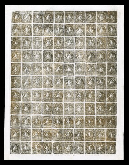 1863 12r-2r Black Garcia essays, complete sheet of 110, an amazingly well preserved sheet in a deep shade of black that is strongly bronzed, the setting was laid out so that
all three values are in the sheet, the top three horizontal rows are 1