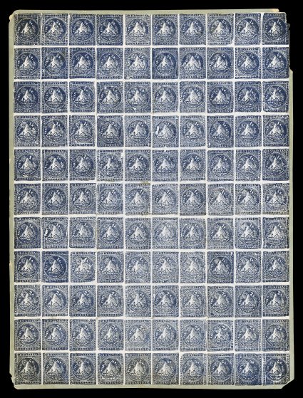 1863 12r-2r Blue Garcia essays, complete sheet of 110, an extremely rare full sheet in blue, these essays were produced in two colors, the black being considerably more
common, and because position 100 is in the correct upright position it is be