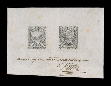 1864-65 Riester essay collection consisting of 25 die impressions, the Bolivian Consul in France consulted with Martin Riester in La Havre to produce some proposed designs for
stamps of Bolivia, two designs were made, one with mountains on the ri