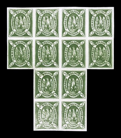 1867 5c Dark yellow green, original plate, second state, unused reconstructed irregular block of twelve consisting of a block of eight, positions 2-514-17, and a block of
four, positions 27-2839-40, the cut and the paper structure establish tha