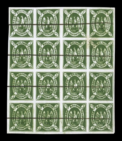 1867 5c Deep yellow green, original plate, second state, attractive block of sixteen, positions 9-1245-48, pen canceled for fiscal use with a single horizontal pen line
through each row, amazingly deep color and exceptionally strong and very det
