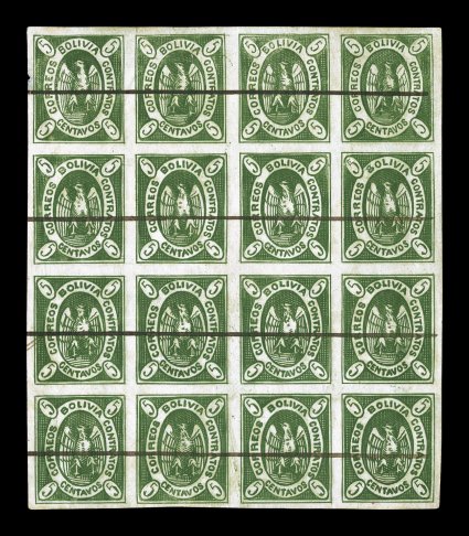 1867 5c Yellow green, original plate, second state, block of sixteen, positions 9-1246-48, pen canceled for fiscal use with a single horizontal pen line through each row,
strong bright yellow green, a typical and very attractive shade produced d