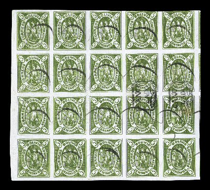 1867 5c Pale yellow green, original plate, second state, block of twenty, positions 1-537-41, pen canceled for fiscal use with unobtrusive stroke on each stamp plus two
strikes of small boxed Cancelado handstamp in the block of positions 16-1