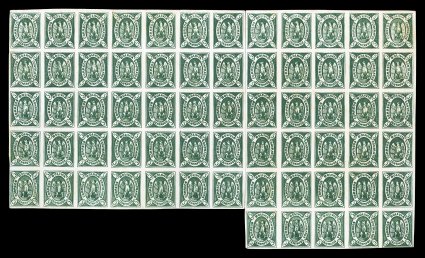 1867 5c Green, original plate, third state, a very rare plate reconstruction consisting of two impressive unused blocks, the first is believed to be the largest recorded
unused block of 35 making the first seven vertical rows of the sheet, po