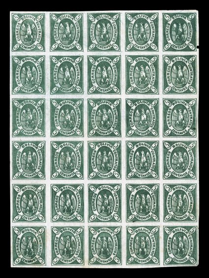 1867 5c Green, original plate, fourth state, unused block of 30, positions 8-1268-72, attractive deep green color on fresh paper, well clear to large margins all around, tiny
margin nick in position 12 and natural paper inclusion in position 36,