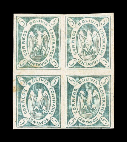 1867 5c Green reprint, block of four, positions 23-2435-36, without gum as issued on yellowish tone paper of the reprints, well clear to large margins, very fine this 5c
reprint in green is in a category of its own, all the other reprints were