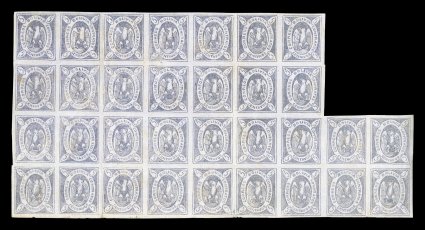 3, 1867 5c Violet, a stunning and extremely rare mint irregular block of 32, positions 26-3262-70, less the block of four in the top right corner, positions 33-3445-47, an
attractive lilac shade of this value which comes in a wide range of vio