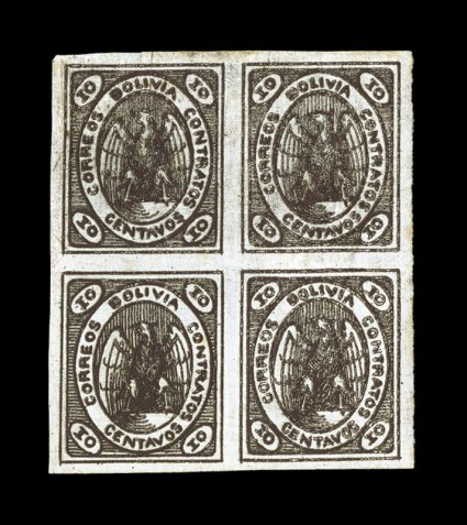 4,1867 10c Brown, handsome mint block of four, positions 60-6173-74, possessing wide margins, exceptionally deep rich color and strong impression, full o.g. which is not
common on this, small spot of ancient adherence with another sheet, light