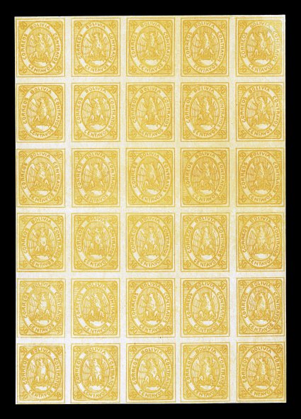 5, 50c Yellow, full sheet of 30 in a lighter yellow shade that the collector called dull yellow, but that is a comparative term and for a yellow this is anything but dull
being quite radiant, it is believed that this shade is that of the first