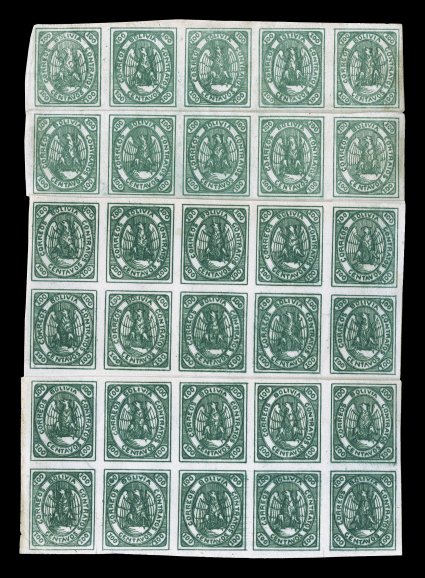 8, 1867 100c Green, attractive unused plate reconstruction composed of two horizontal strips of five making up the top two rows and two blocks of ten making up the bottom four
rows, the two blocks are in a fairly deep green color and the two str