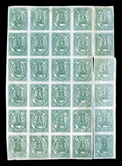 8, 1867 100c Green, another rare plate reconstruction composed of used stamps featuring the exceptionally rare block of 24 making up the first four vertical rows, the last row
consists of a pair at top completed by a strip of four at bottom, all