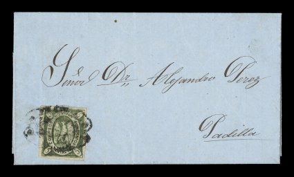 1867 5c Olive green, original plate, second state, position 11, a very rare single franking in the equally rare olive green shade, tied to clean and attractive 1867 entire
folded letter to Padilla by ornate FrancaSucre oval type fancy handstam