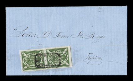 1867 5c Yellow green, original plate, second state, another magnificent vertical pair in rich yellow green color with strong detailed impression, positions 1426, large to
immense margins showing the frame line of the adjoining stamp at top, on a