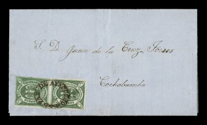 1867 5c Green, original plate, fifth state, vertical pair, positions 5062, possessing a deep green color and sharp impression, clear to large margins all around, neatly tied
to August 1867 entire folded letter to Cochachamba by beautiful bold st