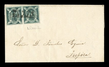 1867 5c Green, first re-engraving, horizontal pair, positions 55-56, possessing deep blue green color and nice impression, on entire folded letter of December 10, 1867 to
Tupiza with central Sucre black handstamp which impresses to the inside o