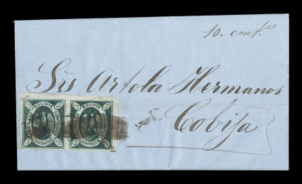 1867 5c Green, first re-engraving, an exceptionally attractive horizontal pair, positions 11-12, deep green color, large to huge margins all around, the top and right being
the sheet selvage and about as large as they come, tied to entire folded
