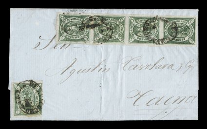 1867 5c Green, original plate, fifth state, another entire folded letter being the mate to the previous cover from the same correspondence, this dated August 8, 1867, showing
the other double rate foreign mail posting to Tacna, Peru, bearing a ve
