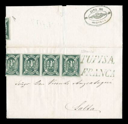 1867 5c Green, second re-engraving, horizontal strip of four with fresh rich color, attractive detailed impression, positions 20-23, large balanced margins all around, on
entire folded foreign mail letter of September 16, 1867 to Salta, Argentina