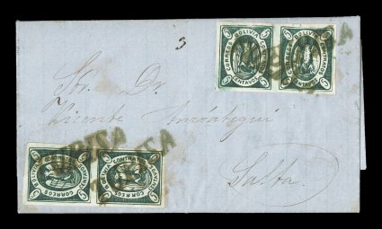 1867 5c Green, third re-engraving, a later impression of this state that had at one time been considered to be retouched, horizontal and vertical pairs, positions 10-11 and
1224 respectively, both from the same sheet and each with deep intense c