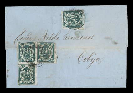 1867 5c Green, third re-engraving, single and block of three, positions 55 and 42-4354 respectively (why the single was separated from the block is not clear), tied to entire
folded letter of February 7, 1868 to Cobija (Lamar), cover apparently