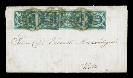 1867 5c Green, third re-engraving, from the late impressions of this state of the plate, two vertical pairs, positions 1022 and 3446 which would have been a strip of four,
clear to large margins and possessing attractive color, tied to a most u