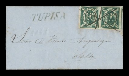 1867 5c Green, fourth re-engraving, horizontal pair, positions 53-54, well clear to large margins all around being attractive with deep green color, amazingly this sole pair
is on entire folded foreign mail letter of May 31, 1868 to Salta, Argent