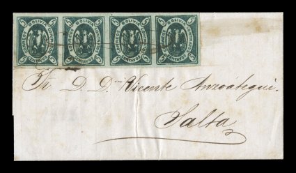 1867 5c Green, fourth re-engraving, horizontal strip of four in a deep blue green shade, positions 57-60, attractive with large even margins all around, tied to entire folded
foreign mail letter of Tupiza on March 4, 1868 to Salta, Argentina by a