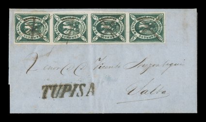 1867 5c Green, fourth re-engraving, vertical strip of four, positions 2056, attractive rich color on bright paper with large even margins all around, on entire folded foreign
mail letter of May 16, 1868 to Salta, Argentina, black Tupisa handst