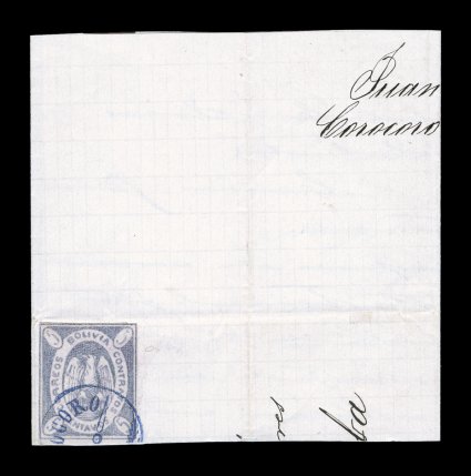 3, 1867 5c Violet, two singles of this scarce stamp, largely well margined examples with fresh color, each tied to a different partial folded letter to Cochabamba, one with
portion of black Correos de La PazRB double circle c.d.s., the other