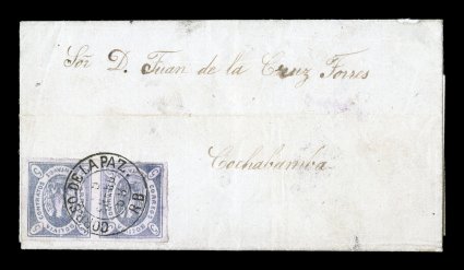 3, 1867 5c Violet, magnificent horizontal pair, positions 10-11, possessing fresh deep lilac color with a tinge of rose in it, large balanced margins all around, tied to
entire folded letter of January 9, 1868 to Cochabamba by lovely strike of t