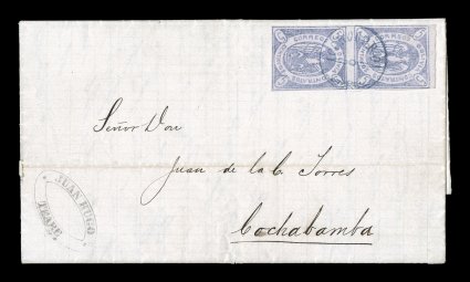 3, 1867 5c Violet, fresh vertical pair in the lilac shade, positions 4658, mostly clear to a large margin at top, tied to attractive entire folded letter of January 17, 1868
to Cochabamba by small black Corocoro ornamented circular handstamp,