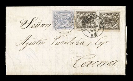 3, 4, 1867 5c Violet single and 10c Brown vertical pair, positions 64 and 114 respectively, the 5c value is in a lilac blue shade with full large margins all around, the 10c
Pair has three exceptionally large margins being just along the frame