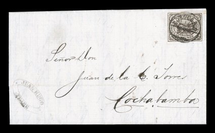 4, 1867 10c Brown, an attractive single with deep color and extraordinarily sharp impression for this value, position 68, meticulously cut to the frame lines all around and
tied to a fresh entire folded letter of February 13, 1868 by nicely stru