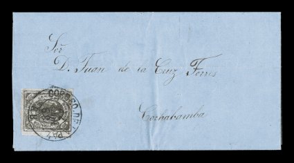 4, 1867 10c Brown, handsome single in a particularly dark shade of brown, position 1 from the first position of the sheet, clear to large margins nearly all around, just
touching at top right, tied to clean and attractive entire folded letter of