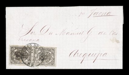4,1867 10c Brown, an especially attractive vertical pair, position 6578 being from the bottom right corner of the sheet, possessing exceptionally large balanced margins all
around, tied to an extraordinarily rare folded foreign mail cover to Ar