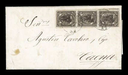 4, 1867 10c Brown, a stunning vertical strip of three with large to enormous margins all around, positions 314457, lovely deep rich color and detailed impression, this
marvelous strip is tied to an exceedingly rare folded entire foreign mail l