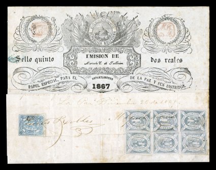 3, 6, 1867 5c Violet and 50c Blue, two vertical strips of three of the former in a grayish blue shade along with a single of the 50c Blue, tied to a one page document with an
ornate arms letter head, dated Christmas day, December 25, 1867 establ