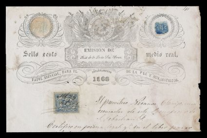 6, 1868 50c Blue, nice four-margined single tied in a sole usage to full page of an 1868 document with ornate letter head showing the arms of Bolivia, ms. cancel with date of
April 24, 1868 ties the stamp, fresh rich color, some typical water st