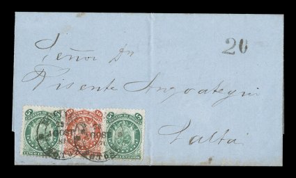 10, 16, 1868-69 5c Green Nine Star and 10c Vermilion Eleven star, two of the former in an attractive mixed issues franking on 1870 folded entire foreign mail letter to Salta,
Argentina, 20 rate handstamp in the top right corner, stamps tied by