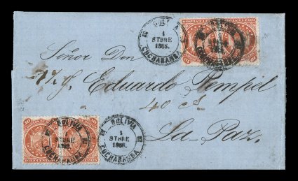 11, 1868 10c Vermilion, two well centered pairs of the Nine Star issue, attractively tied to multiple rate entire folded letter by two strikes on each of BoliviaCochabamba1
Stbre 1868 c.d.s., posted to La Paz, ms. 40cs. rate marking for le