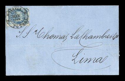 12, 1868 50c Blue, lovely well centered single in an extraordinarily rare single franking, tied to folded cover to Lima, Peru by socked-on-the-nose BoliviaPotosi6 Mar 1868
double-circle c.d.s., backstamped Lima on March 20th, very fine this