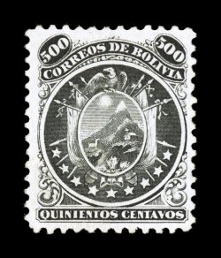 14, 1868 500c Black, unused, an unusually fresh example of this key value that is so highly prized by the collectors of Bolivia, beautifully centered with intense black color
on bright fresh paper, plus nice even perforations all around, extreme