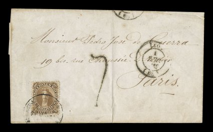 1869 50c Yellow brown revenue, tied to foreign mail cover to France, stamp is tied by an indistinct portion of Administracion de Correos de Bolivia(La Paz) single circle
c.d.s., addressed to Paris with Lyon c.d.s. on the front and bold 7 due