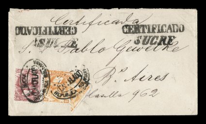 21, 21a, 23, 1878 50c Dull carmine along with 10c Orange and a diagonal bisect of the 10c orange, a lovely Book of Law franking tied to a registered 1886 cover to Buenos
Aires, Argentina by SucreRepublica Boliviana Cancelodo double oval canc