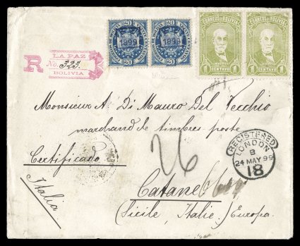 1899 Estado Federal EF1899 overprint specialized study of stamps and covers, includes mint and used complete plus mint blocks of four and nine of the 1c Yellow bister and 5c
Green respectively, plus a gorgeous registered 1899 cover with 20c Bl